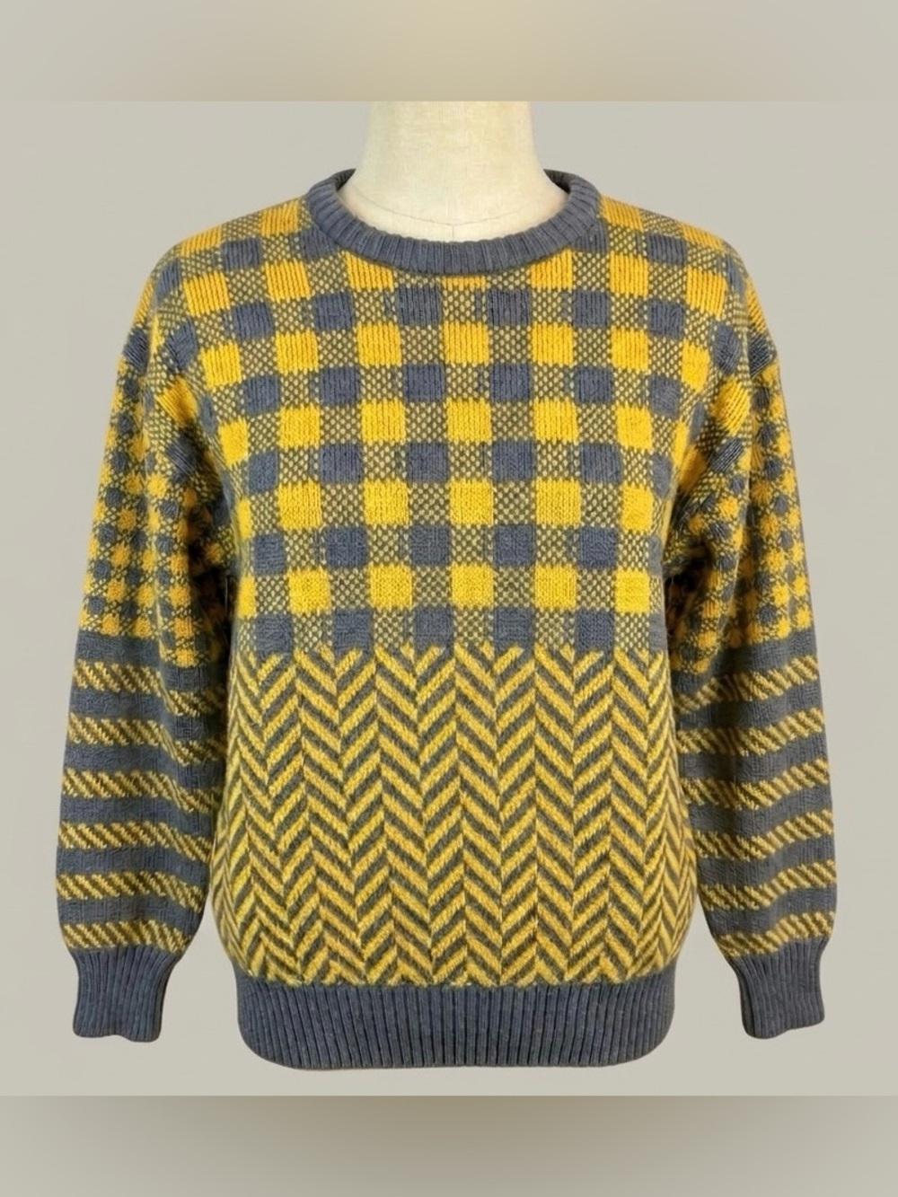 Vintage 80s 90s F.C.O. Geometric Knit Sweater Yellow Gray Gingham Chevron Large